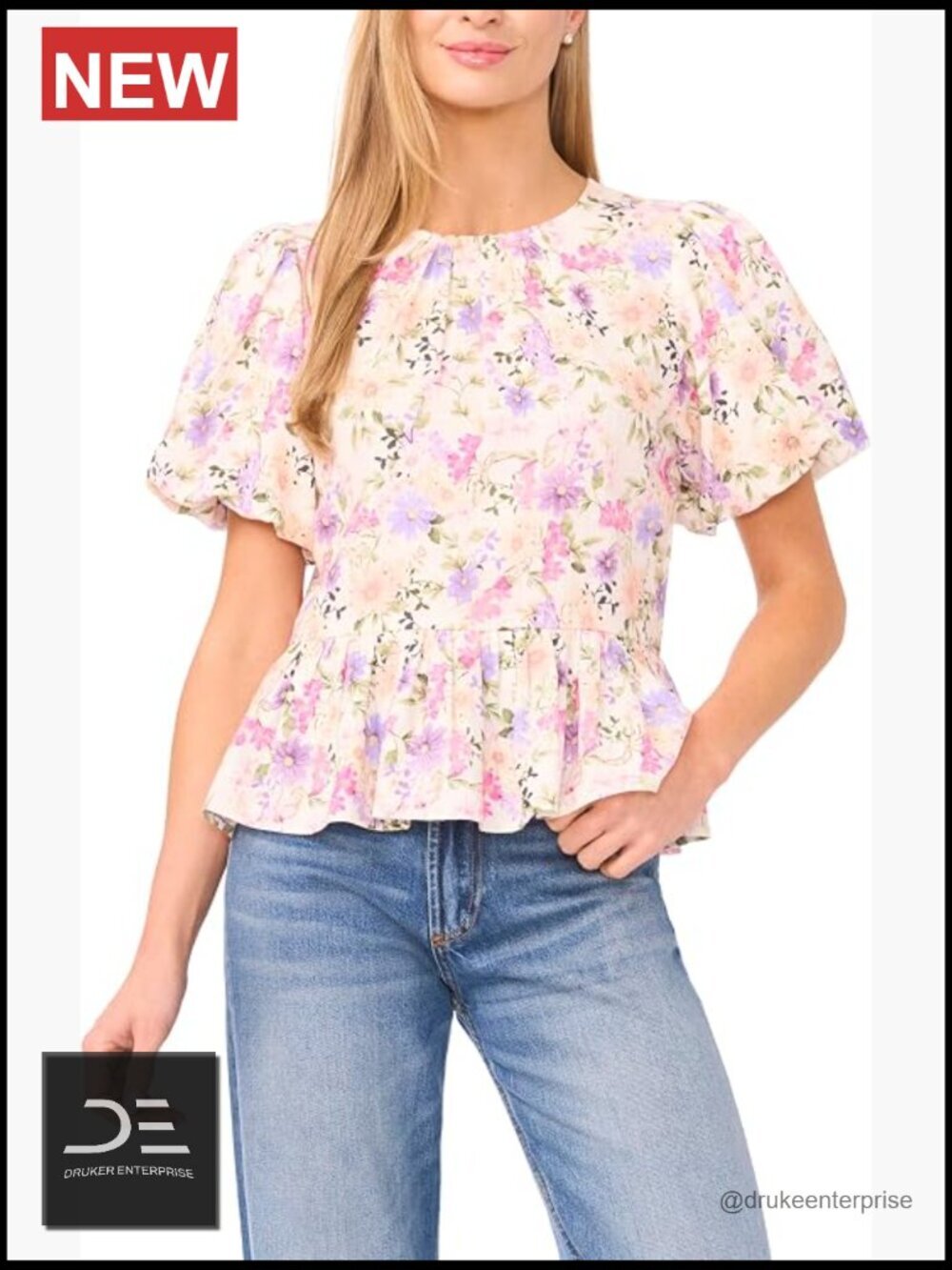 Floral Puff Sleeve Crew Neck Peplum Top Blouse